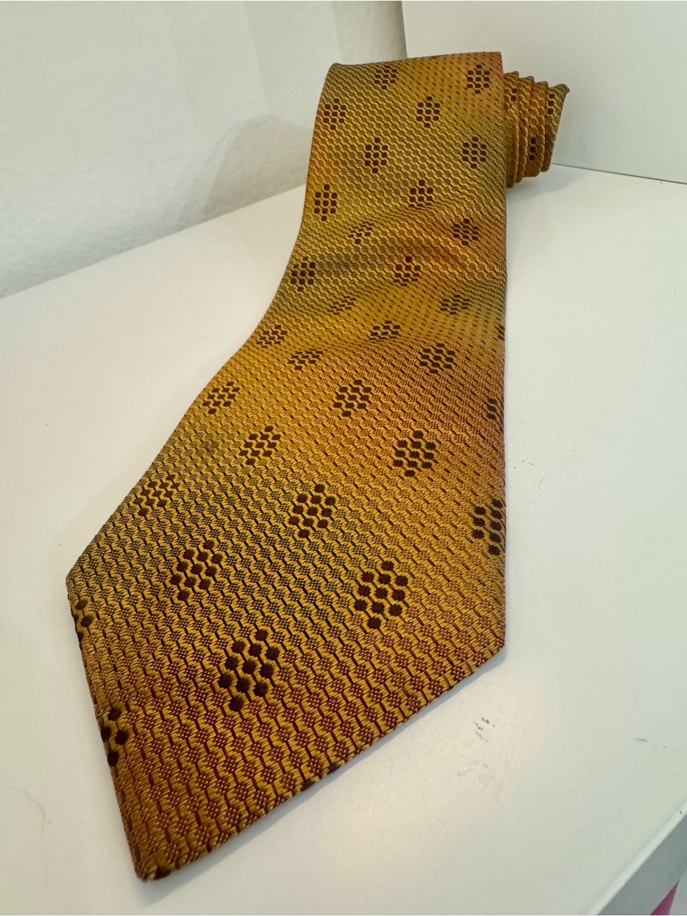 Barneys New York Silk Tie Gold Brown Geometric Honeycomb Italy